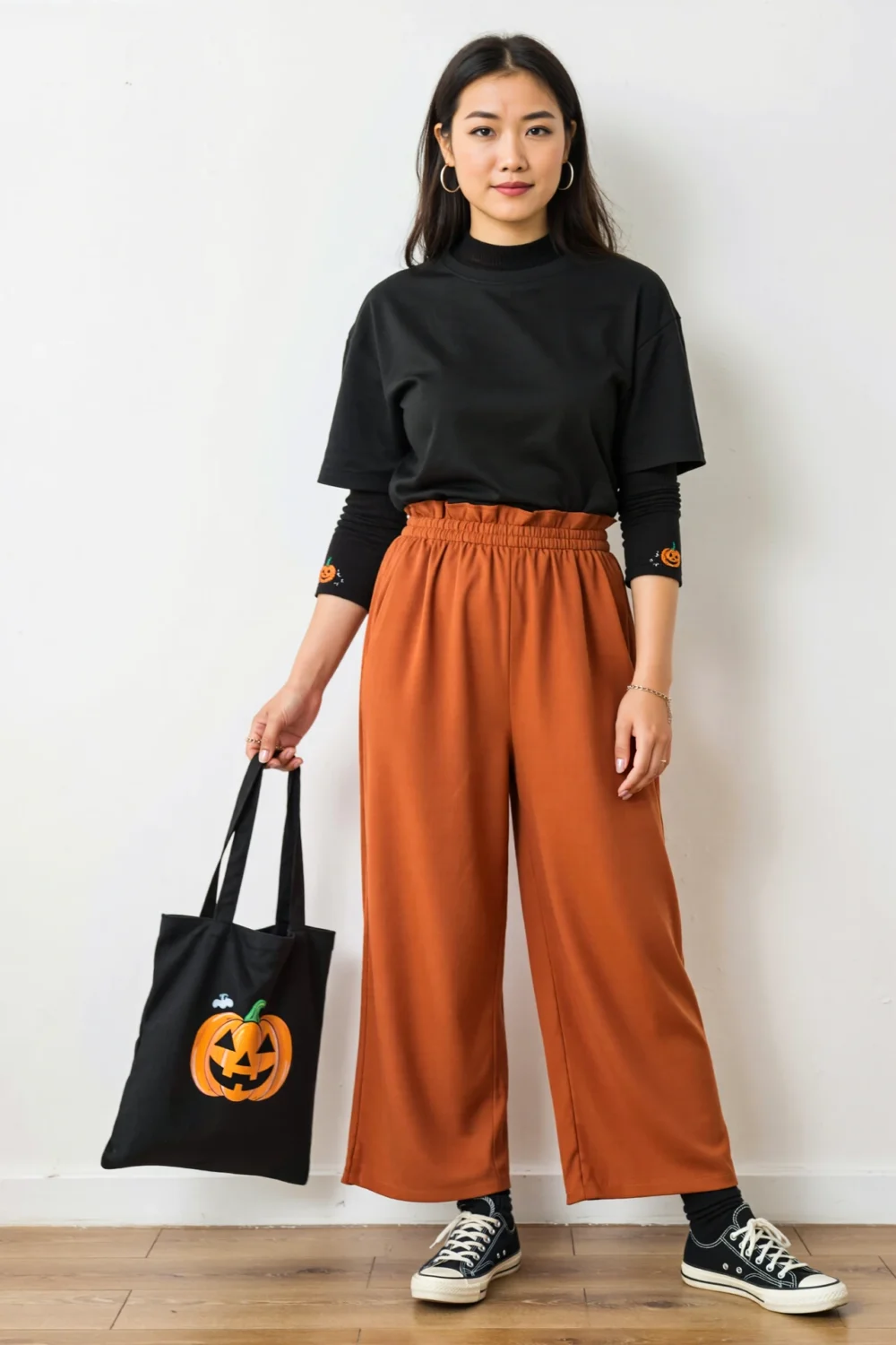 Woman in black jersey and rust wide-leg trousers with pumpkin tote and embroidery, a relaxed Halloween office outfit, chic and comfy