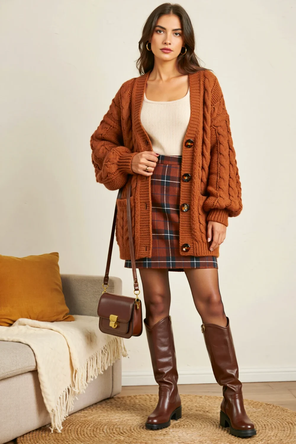 Cozy cinnamon plaid holiday outfit with chunky cardigan, cream tank, mini skirt, and knee-high brown boots for a festive look