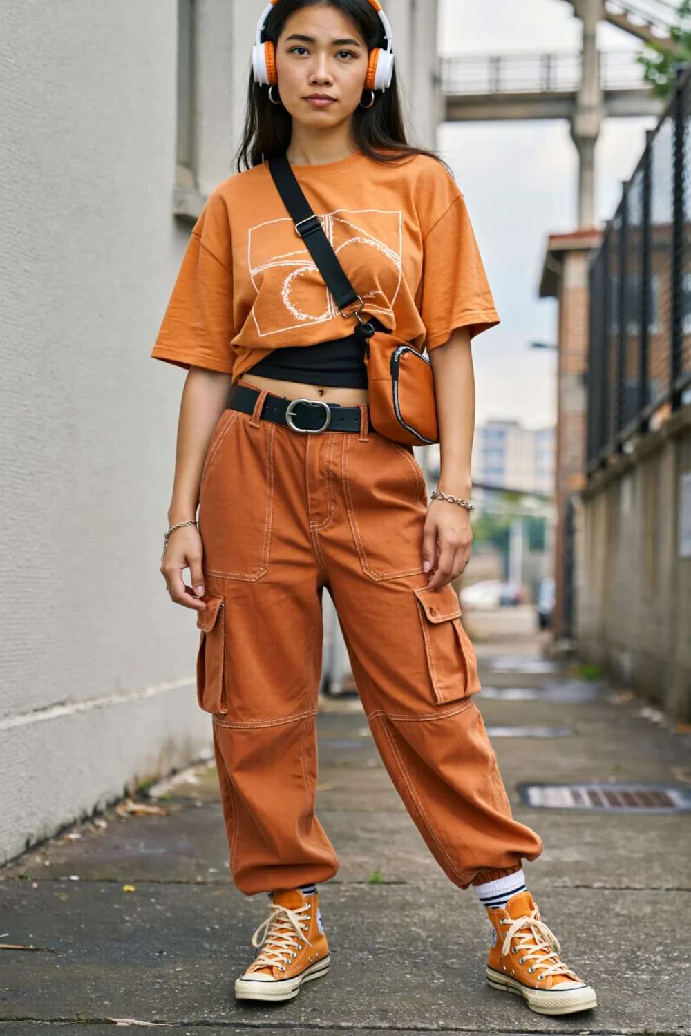 Woman in orange graphic tee and tangerine cargo pants with black belt, crossbody bag, and orange high-tops in city street style