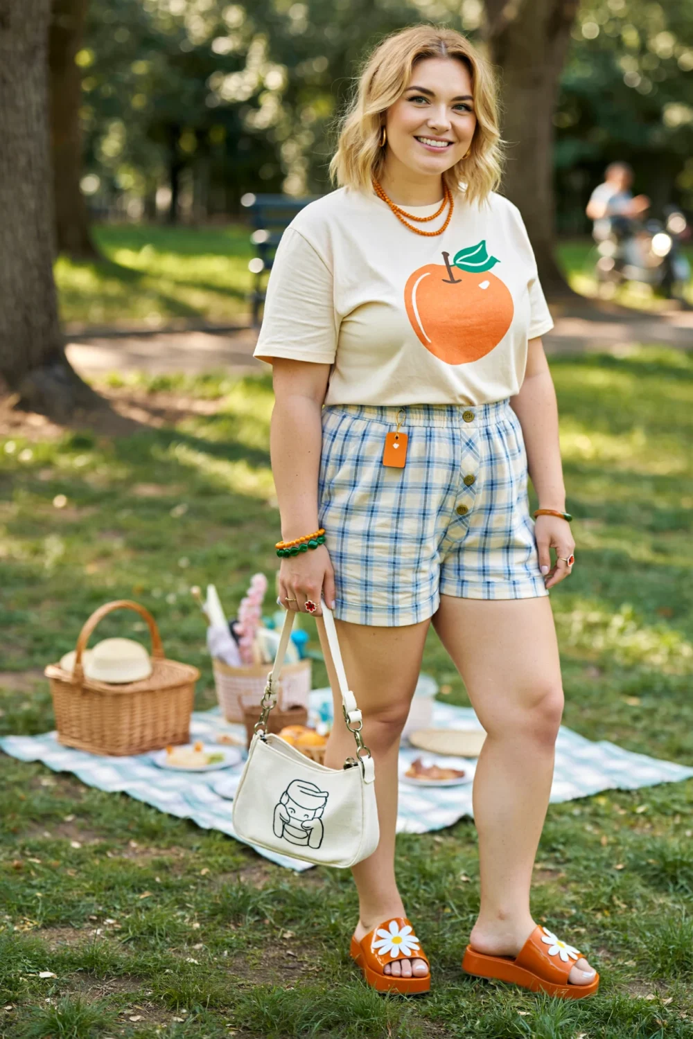 Woman in cream orange-graphic tee and plaid Bermuda shorts, with tangerine platform slides, picnic bag, and playful accessories outdoors