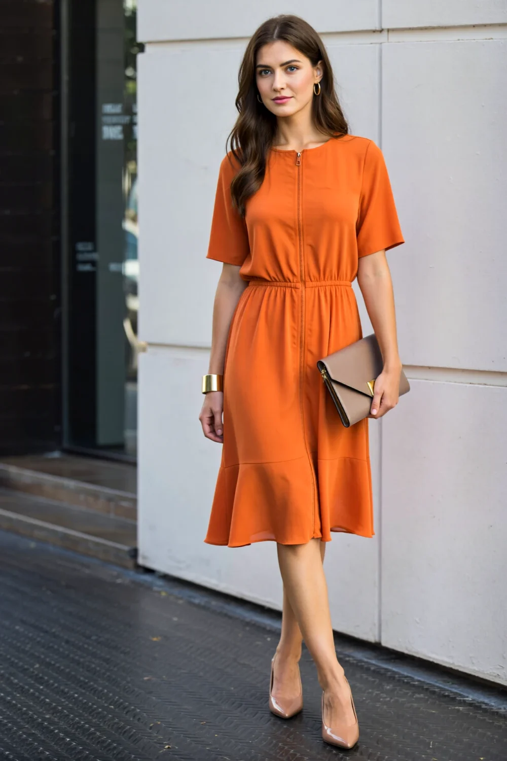 Woman in a bright tangerine shift dress with bateau neckline, holding a slim clutch and wearing neutral pumps for a sleek soirée look