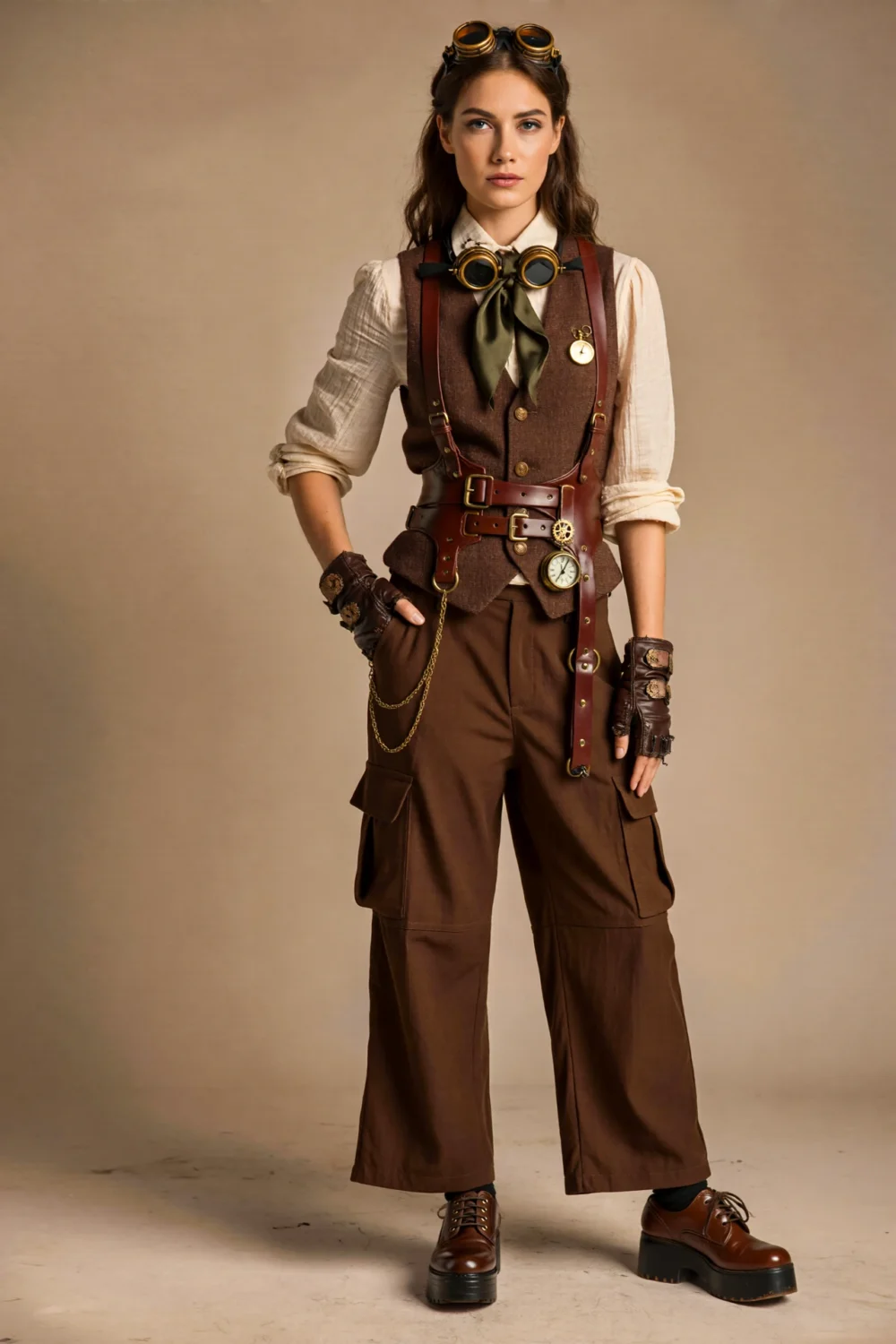 Steampunk-inspired outfit with sand shirt, cocoa waistcoat, olive cravat, cargo trousers, brass details, and derby shoes for Halloween