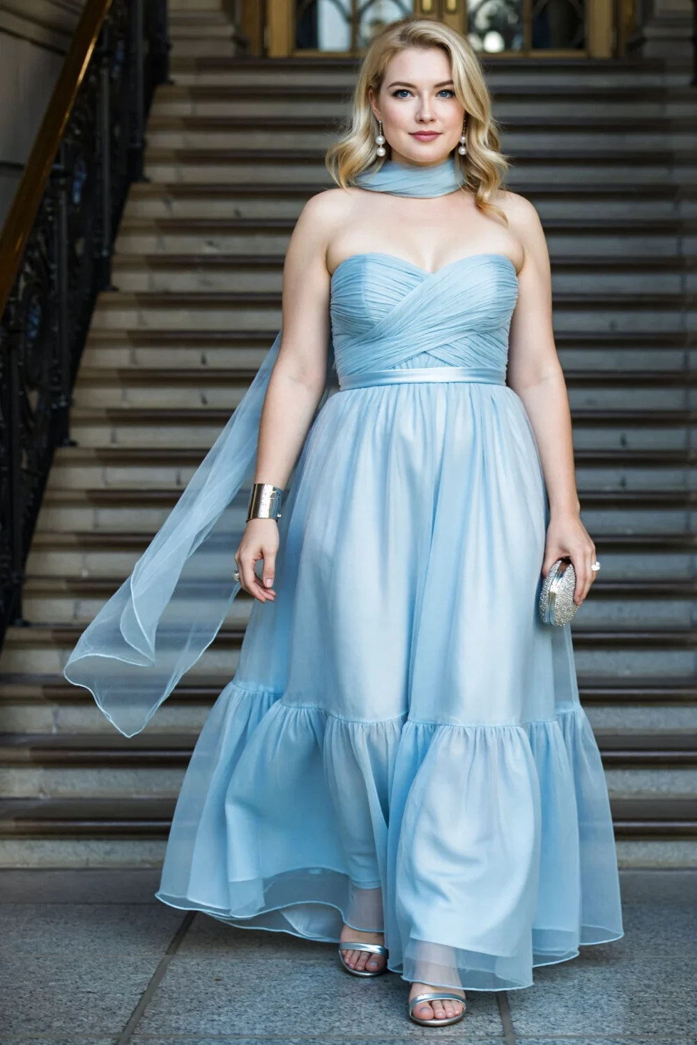 Strapless ice-blue chiffon gala gown with flowing scarf, layered skirt volume, pearl earrings, and silver clutch on stairs.