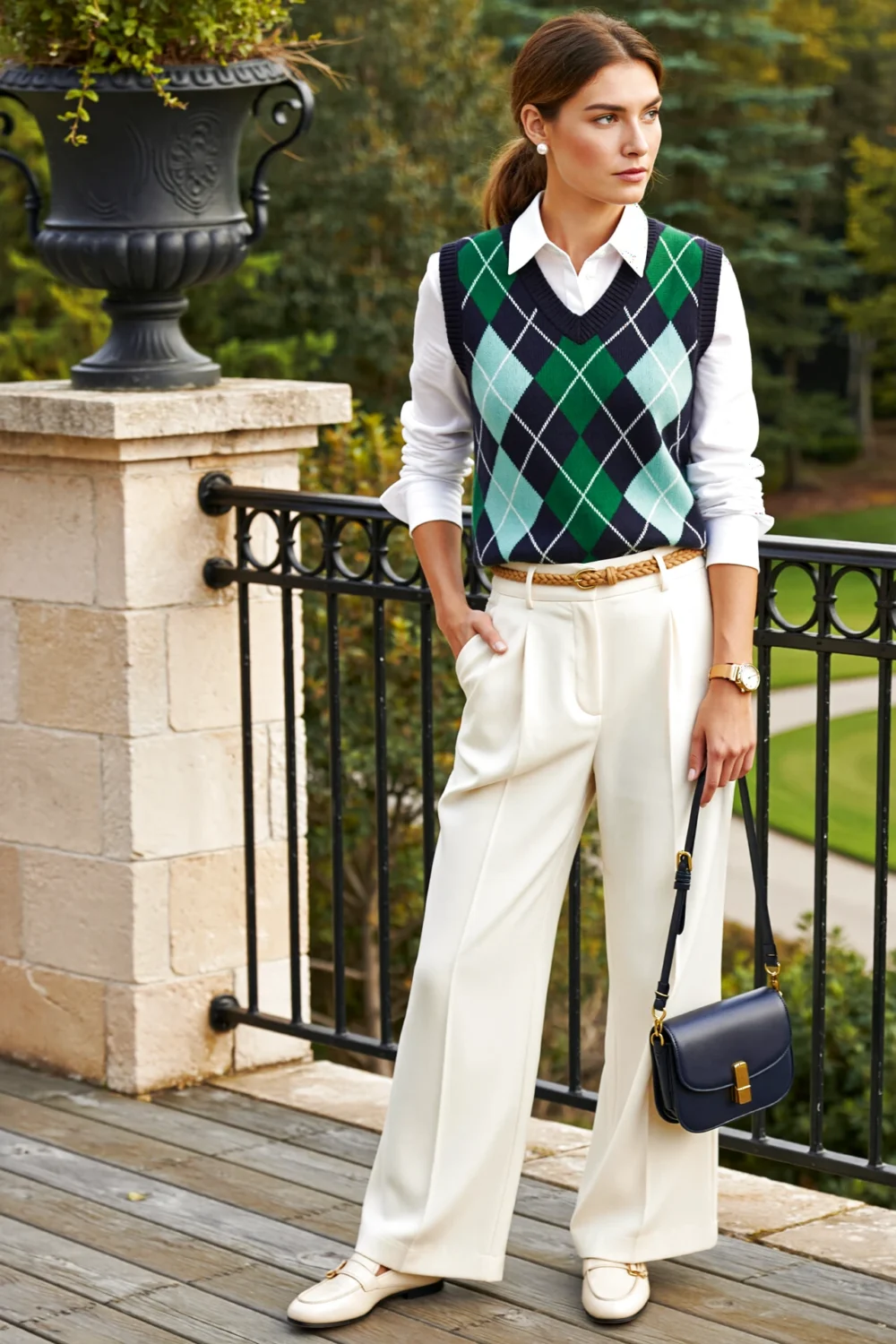 Woman wearing navy argyle vest with green and mint, white button-up, ivory wide-leg trousers, tan braided belt, cream saddle shoes