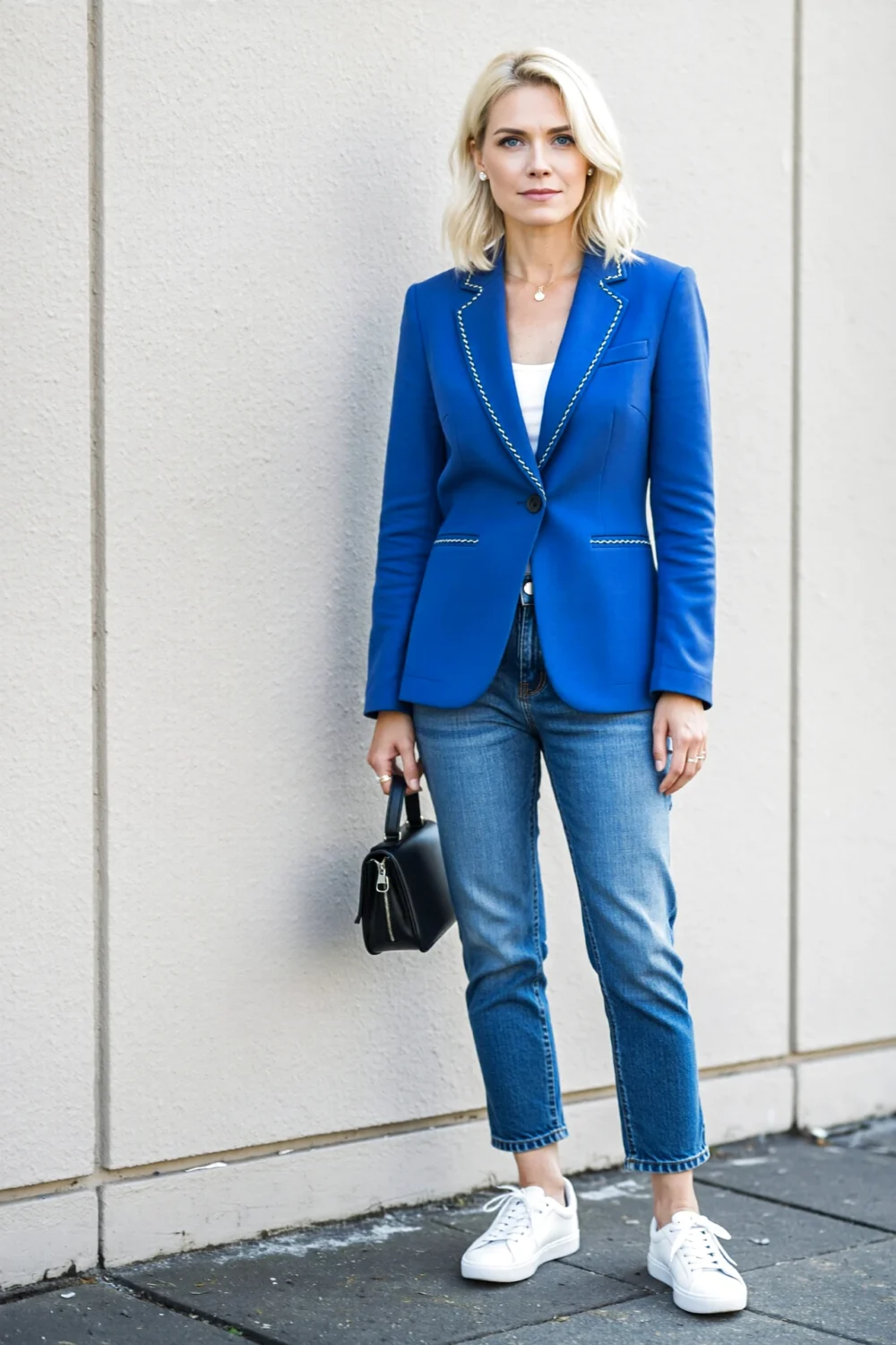 Woman in a cobalt blazer over a white tee and denim jeans, white sneakers and black handbag, a modern outfit for spring, practical