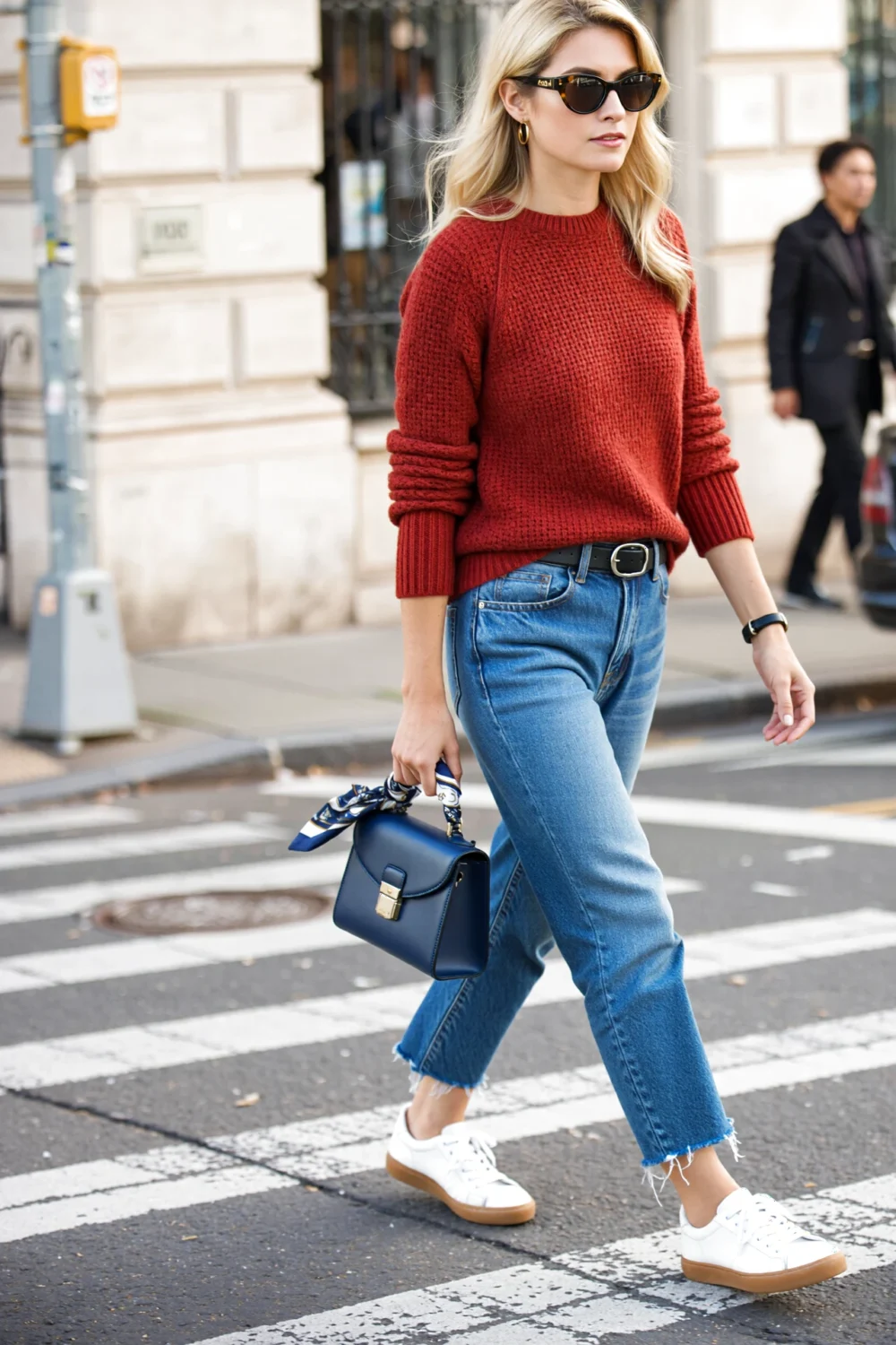 Cherry-red sweater half-tucked into vintage-blue jeans, white sneakers, black belt, carrying cobalt mini bag with knotted scarf.