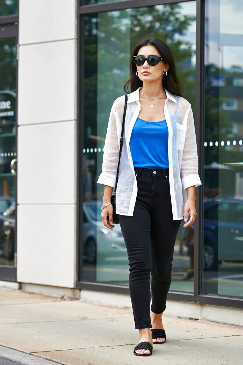 Woman walking in city wearing cobalt tank under a sheer white shirt, black jeans, sunglasses and sandals, breezy editorial look