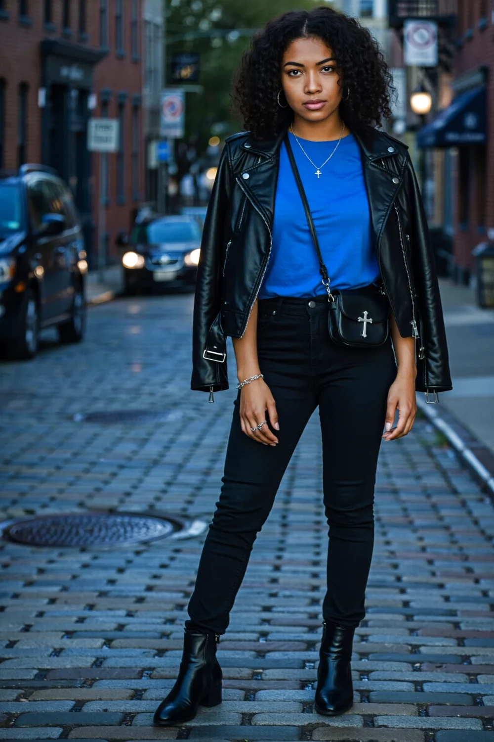Woman in a bright cobalt tee, black jeans, leather jacket and ankle boots on a cobblestone city street, wearing silver jewelry.