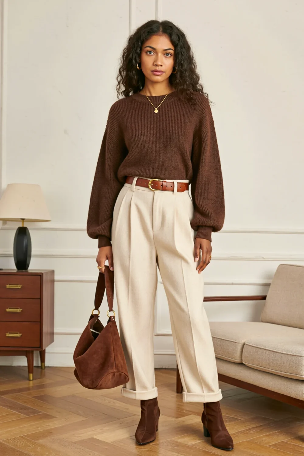 Model in cocoa sweater, cream trousers, and pointed suede boots, carrying a slouchy brown shoulder bag in a polished neutral look