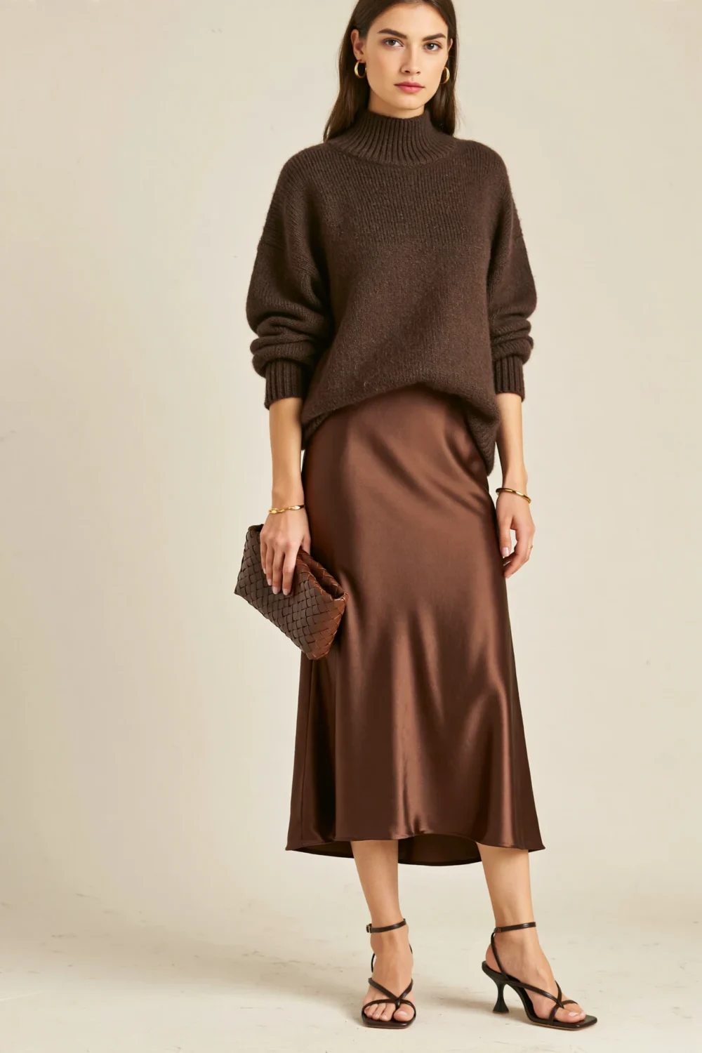 Model in a cocoa knit mock-neck sweater and satin midi skirt, styled with strappy heels and a woven clutch for chic evening polish