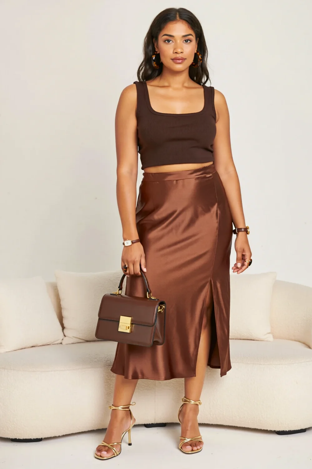 Cocoa ribbed crop top and satin midi skirt create a glossy semi-formal quinceanera outfit with gold heels and handbag