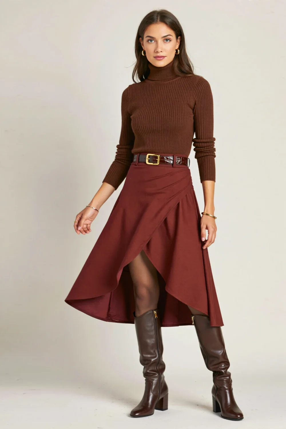 Brown ribbed mock neck sweater with merlot wrap midi skirt and tall boots, creating a rich, quietly festive fall outfit