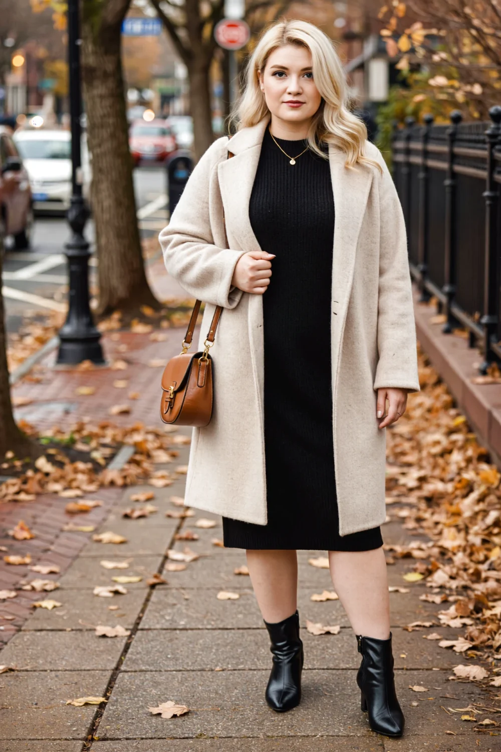 Woman walking on sidewalk in fall wearing a beige cocoon coat over a black knit midi dress with brown bag and black ankle boots
