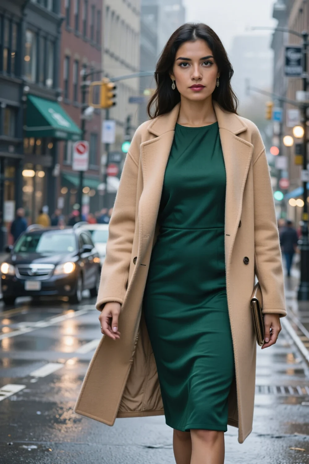 Woman on a street in a camel cocoon coat over a green fit-and-flare dress, tapered hem showing waist and swing
