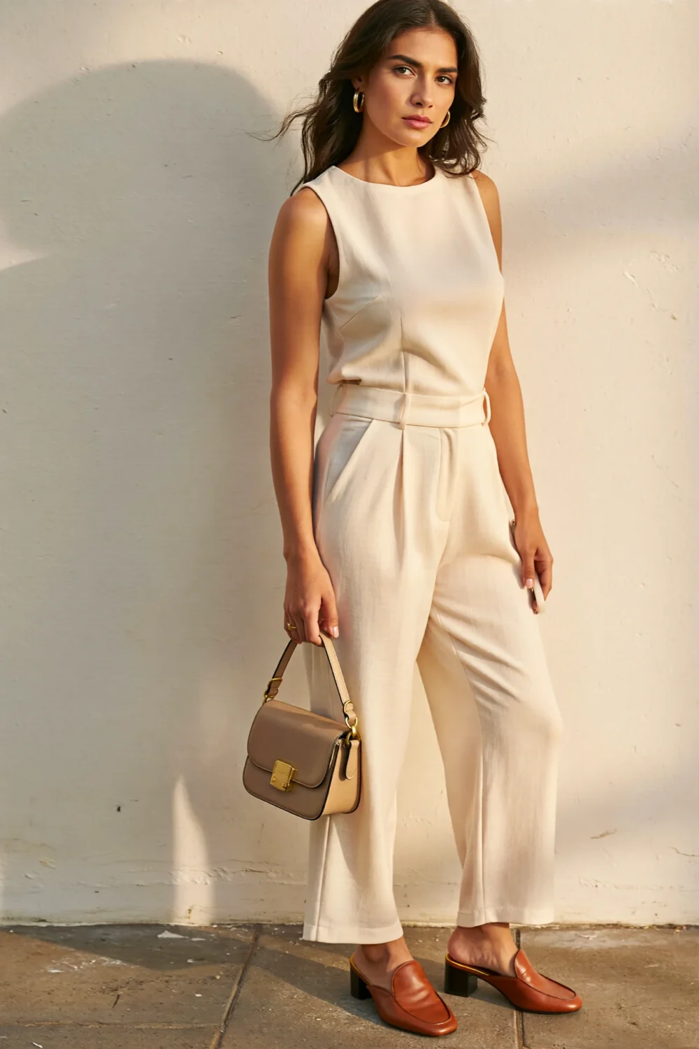Woman in off-white trousers and top styled with cognac mules and a neutral handbag for a polished, modern look