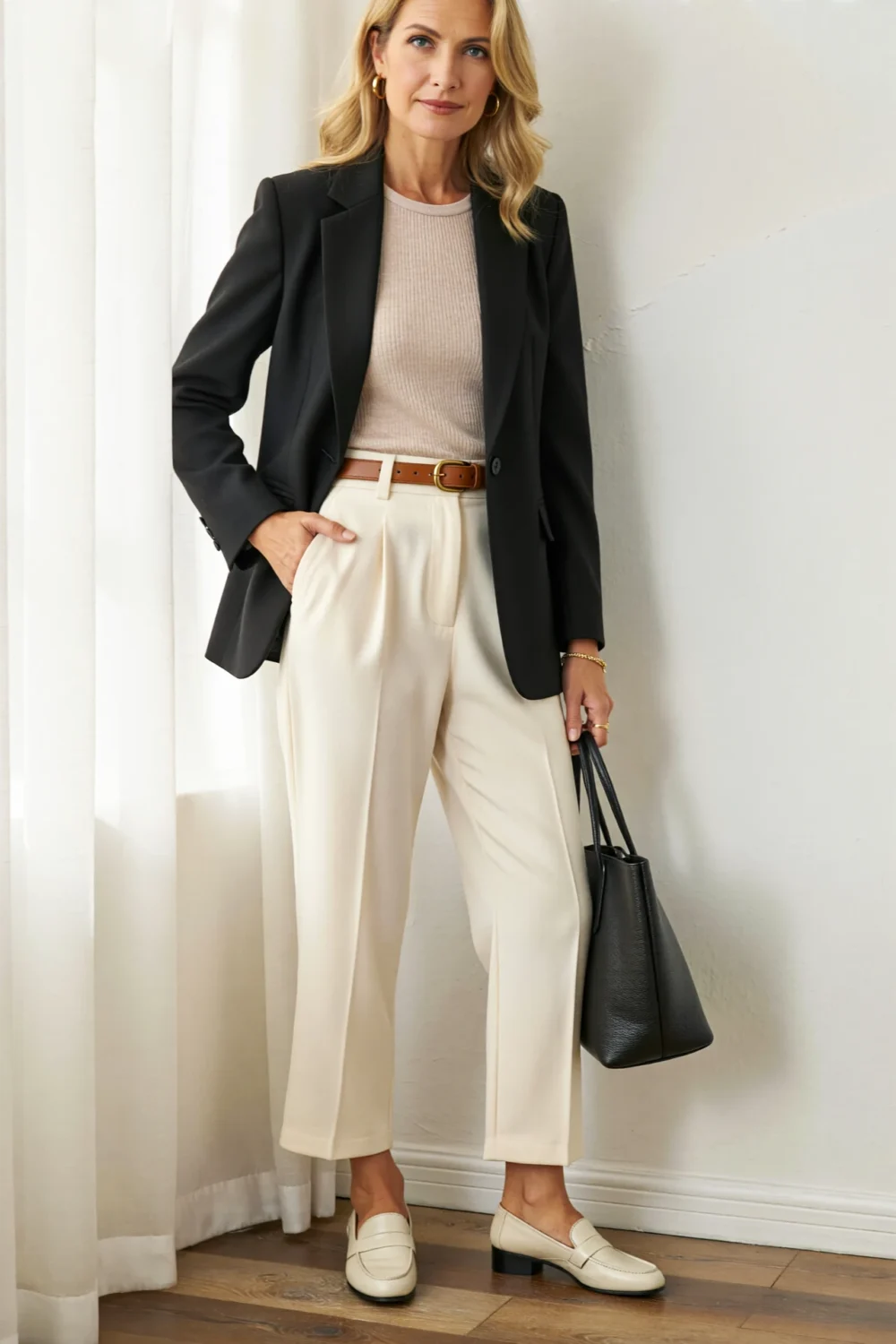 Woman in black blazer and ribbed tank with cognac belt, ivory tailored trousers, and loafers, styled as polished power neutral fashion