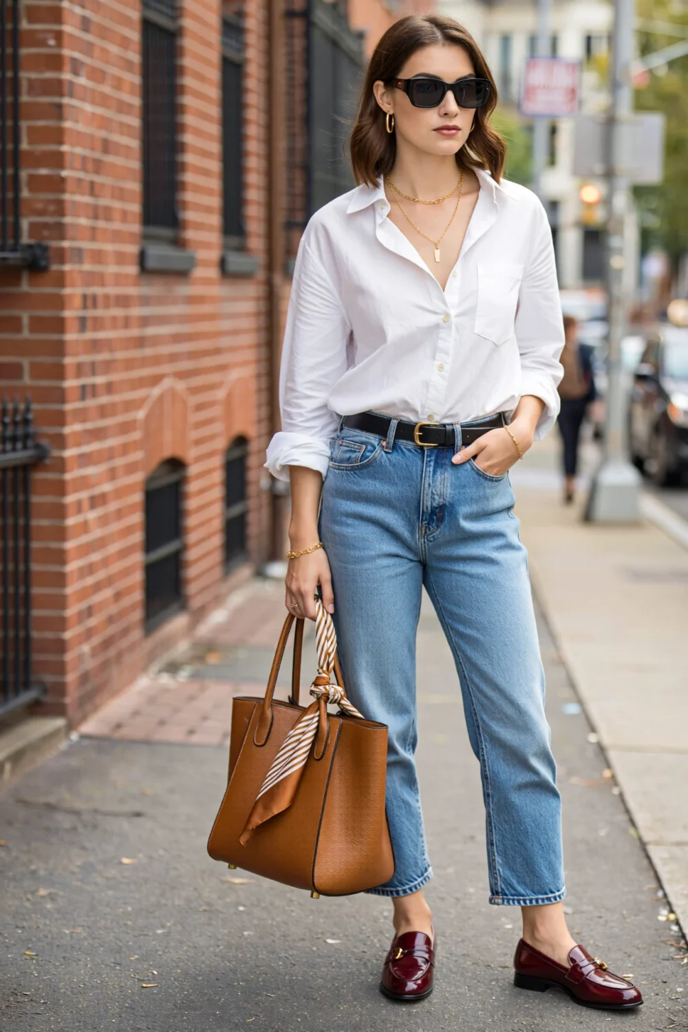 Woman in white button-up and light-wash jeans, styled with black belt, burgundy loafers, and cognac tote with scarf on city street