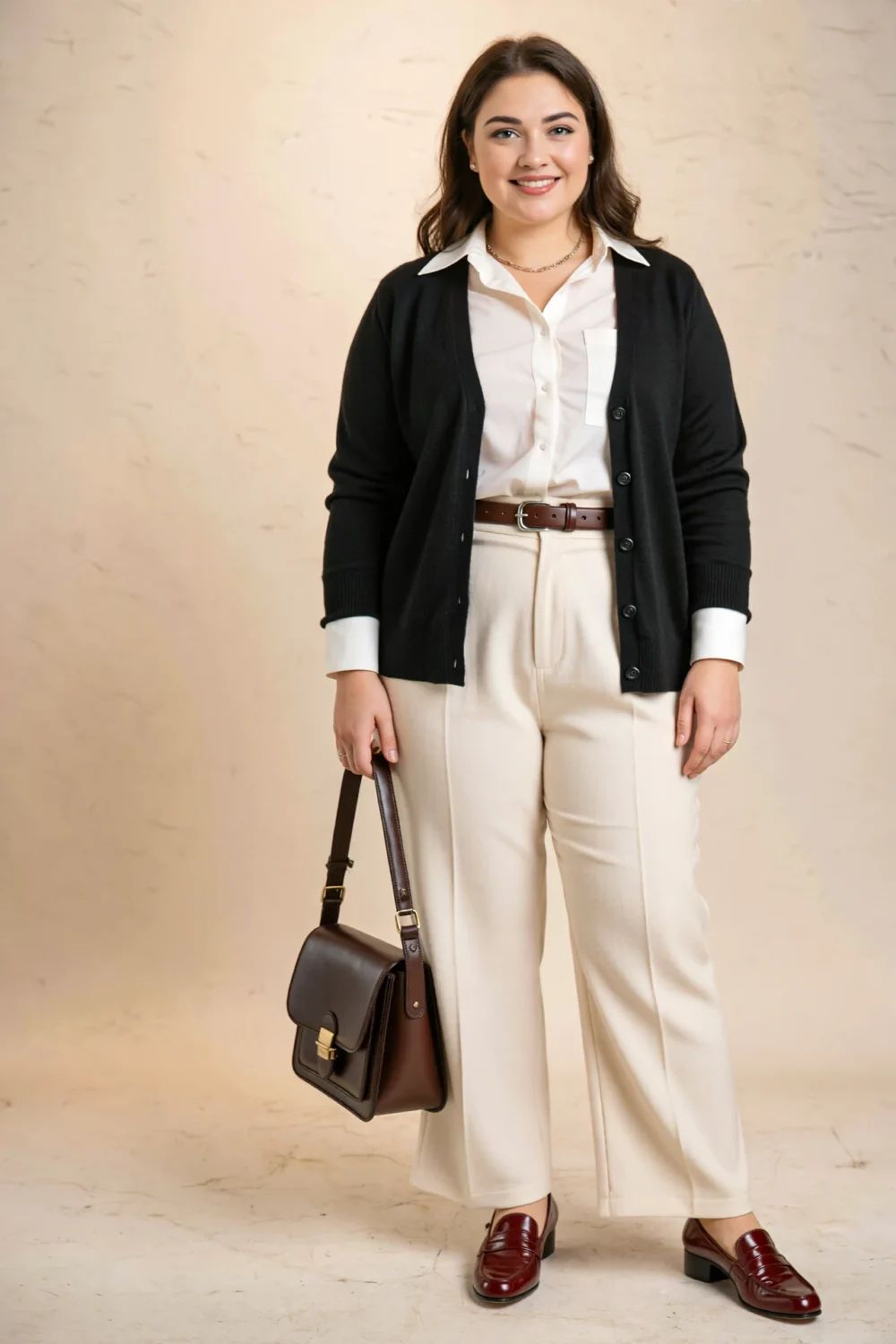 Candidate wearing collared white shirt under deep-V black cardigan, ivory wide-leg trousers, espresso belt and oxblood loafers.