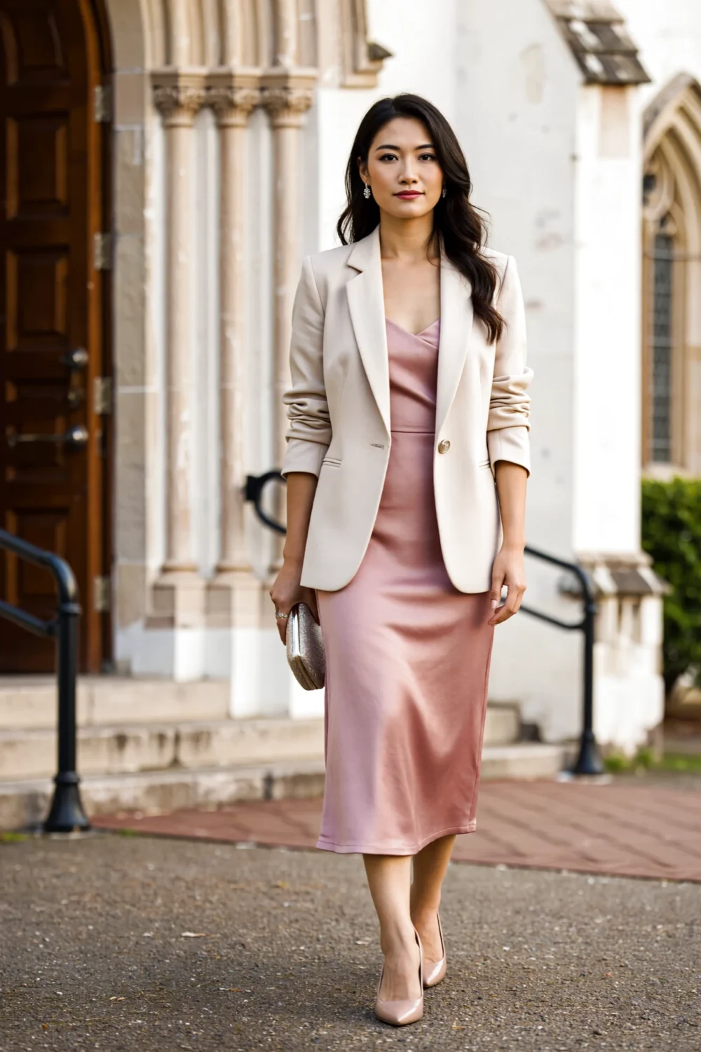Woman wearing a sleek cream blazer over a blush satin slip dress, polished wedding guest look with soft open neckline and clutch