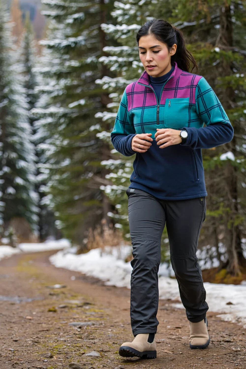 Woman hiking a snowy forest trail in a color-block fleece half-zip over merino, dark softshell pants and neutral waterproof boots