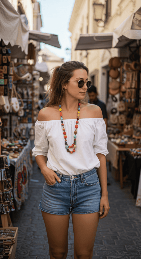 A woman with a colorful beaded necklace browsing a market