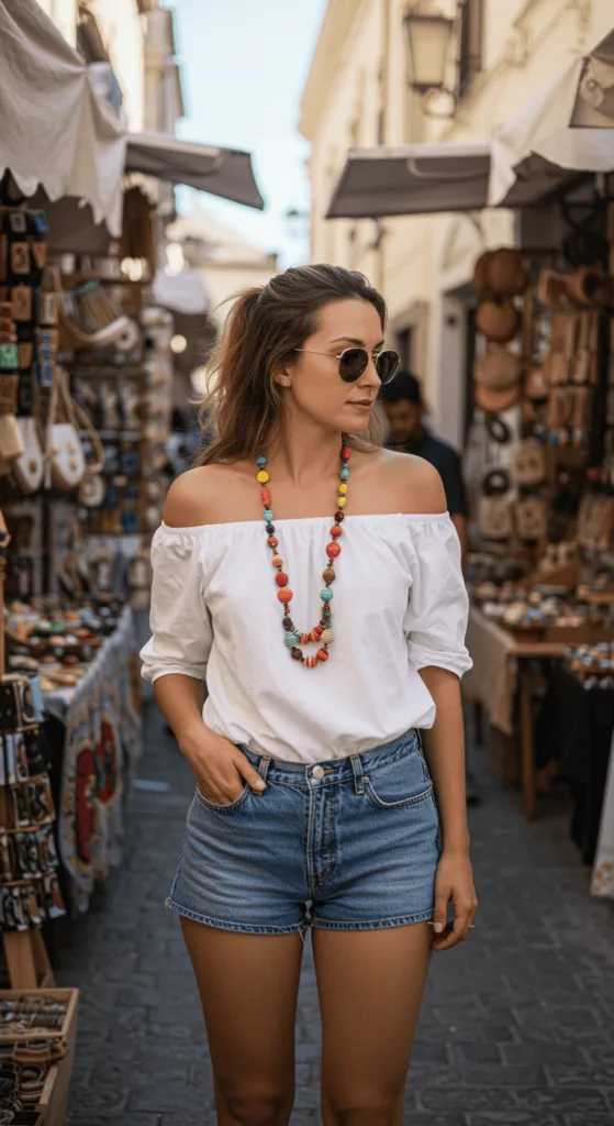 A woman with a colorful beaded necklace browsing a market
