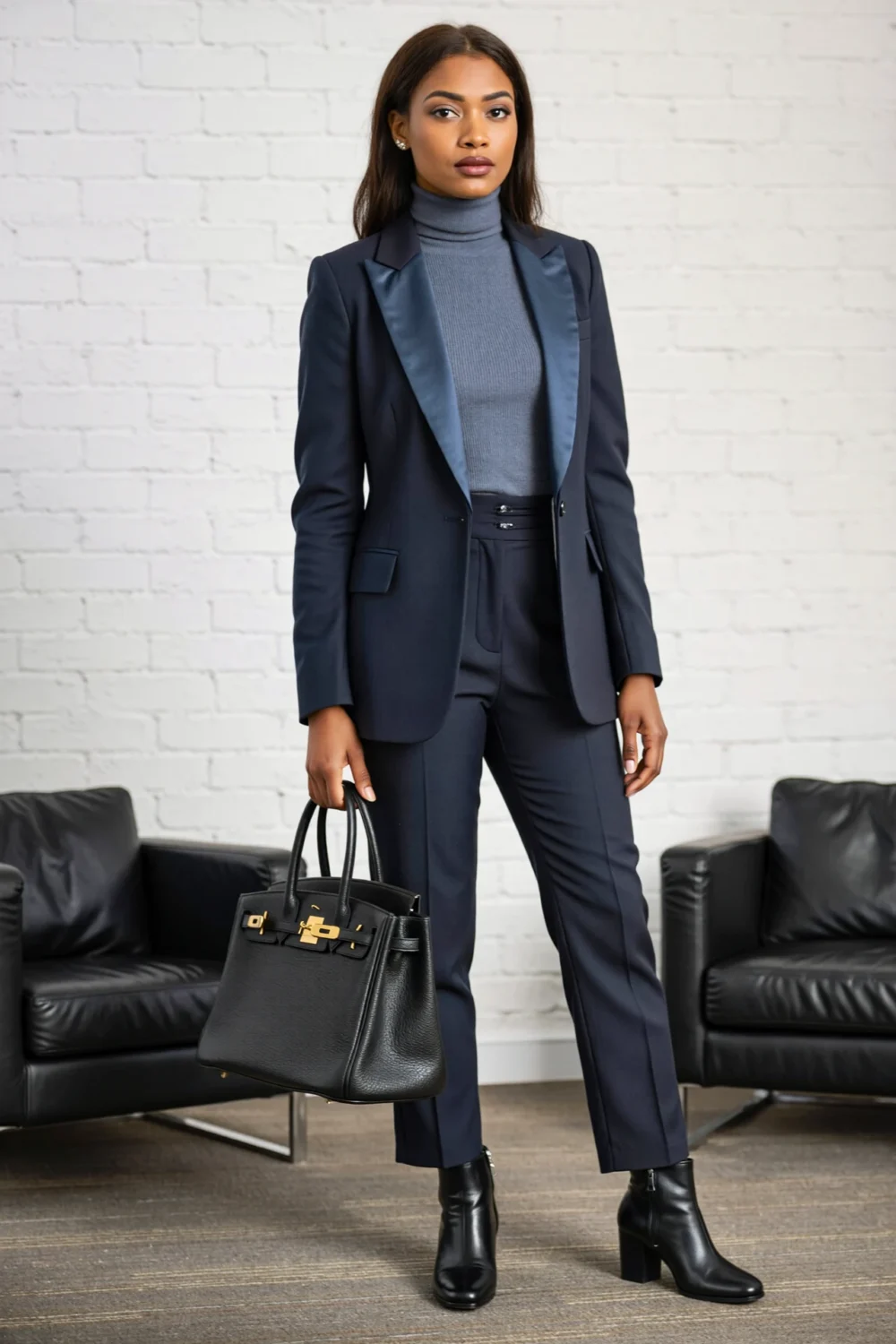 Tonal navy blazer and trousers with gray knit turtleneck create a polished presenter look, finished with black boots and tote bag
