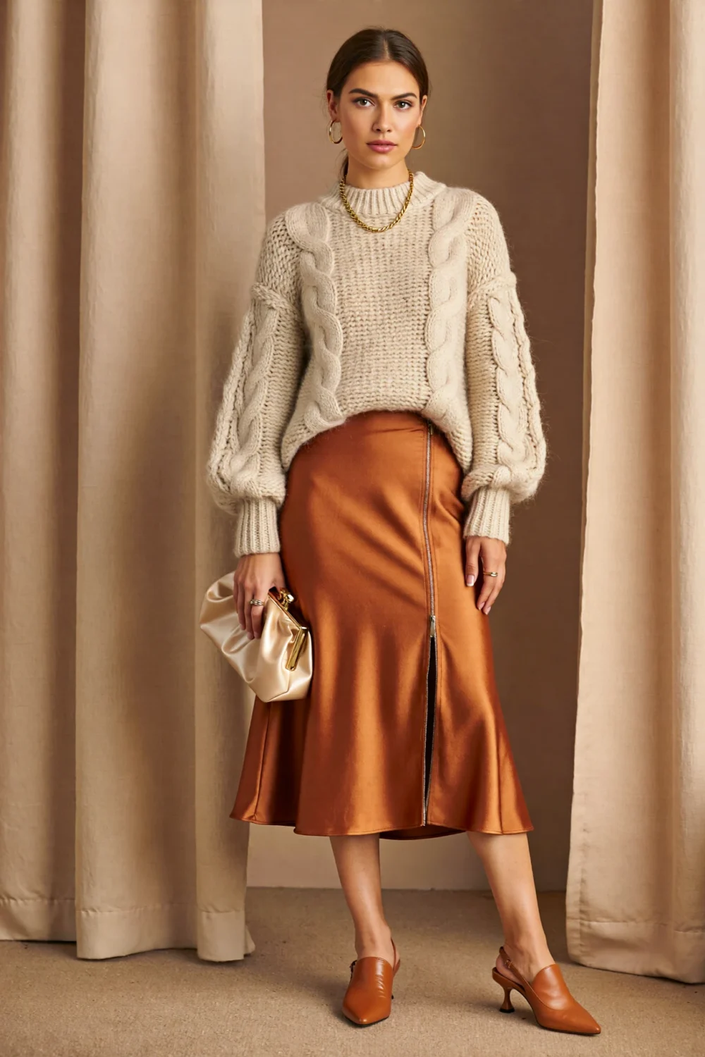 Woman in oatmeal cable knit sweater with copper satin midi skirt, slingback pumps, and champagne clutch in warm autumn light