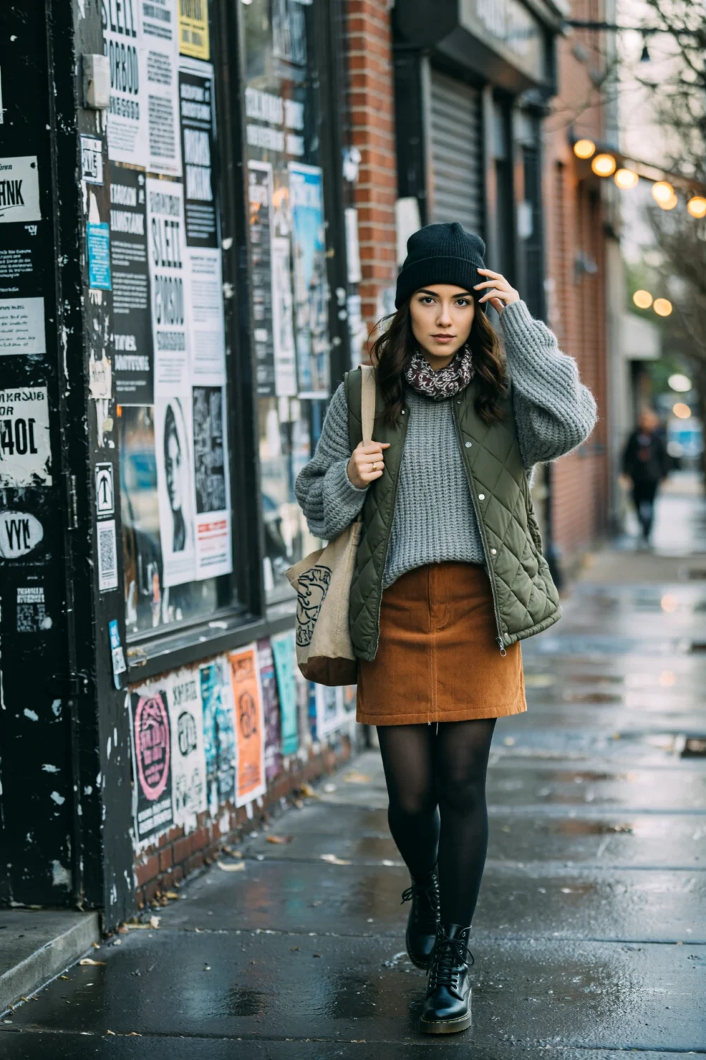 Woman in corduroy mini, black tights and combat boots, chunky knit and quilted vest, beanie and patterned scarf on wet sidewalk