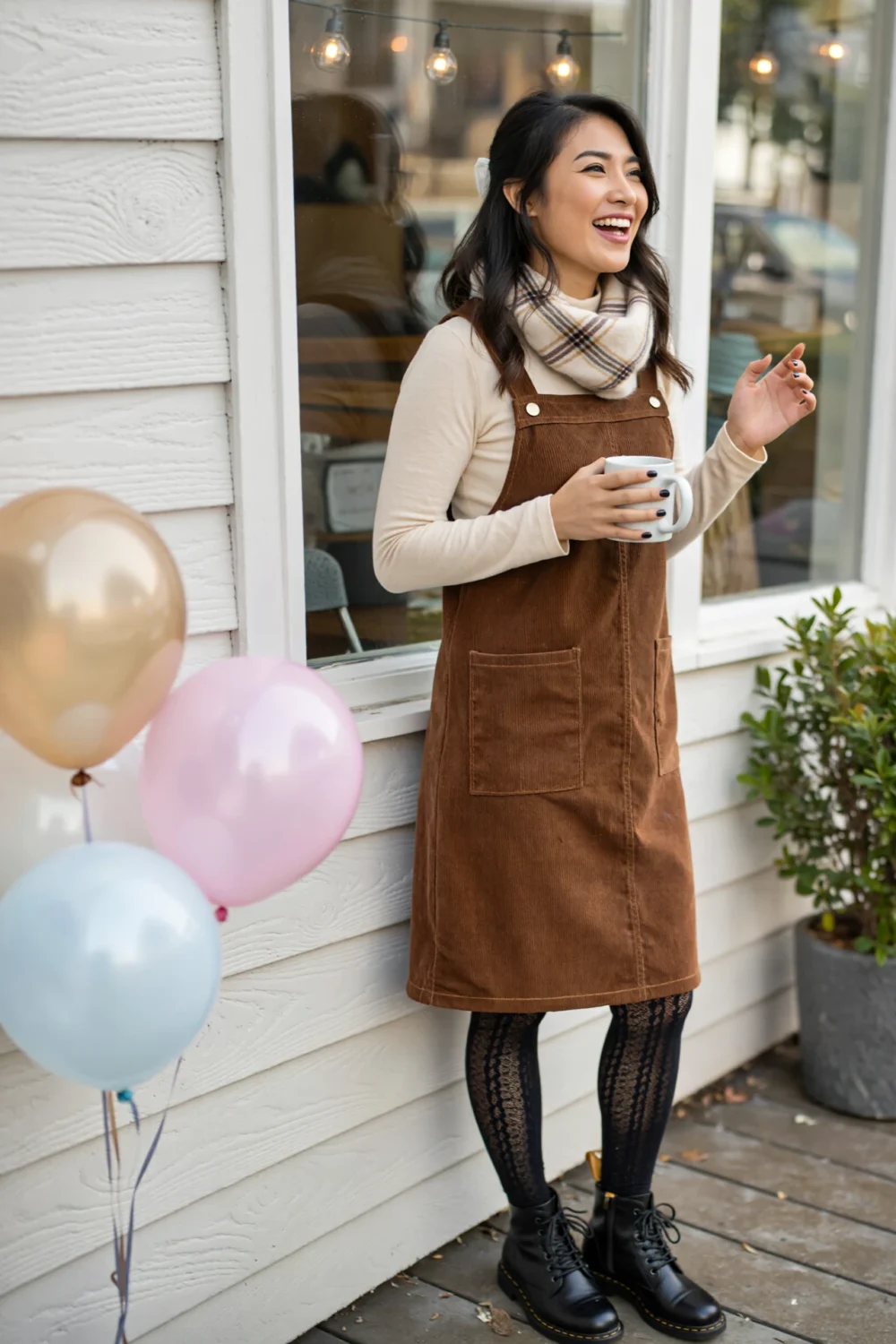 Smiling woman in brown corduroy pinafore over fitted top, wool scarf, patterned opaque tights and lace-up boots holding a mug.