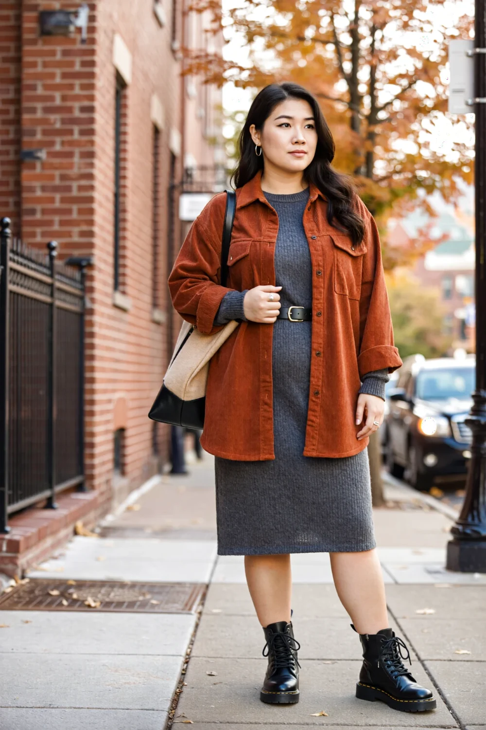 Woman on autumn sidewalk wearing rust corduroy shacket over a belted gray sweater midi dress with black combat boots and tote.