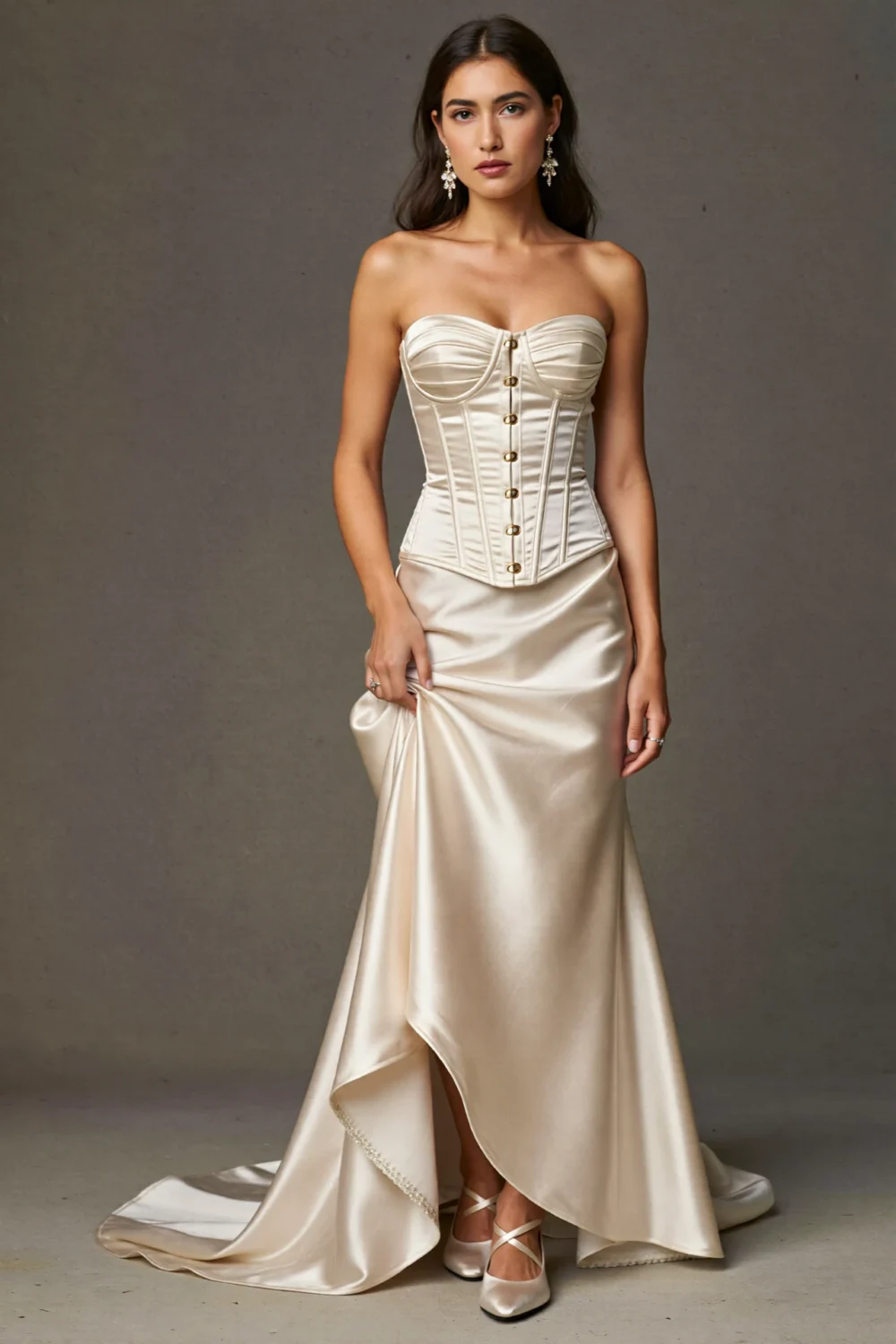 Romantic corset bodice paired with sweeping satin skirt, creating a dramatic gothic-inspired wedding look with elegant fluid movement.