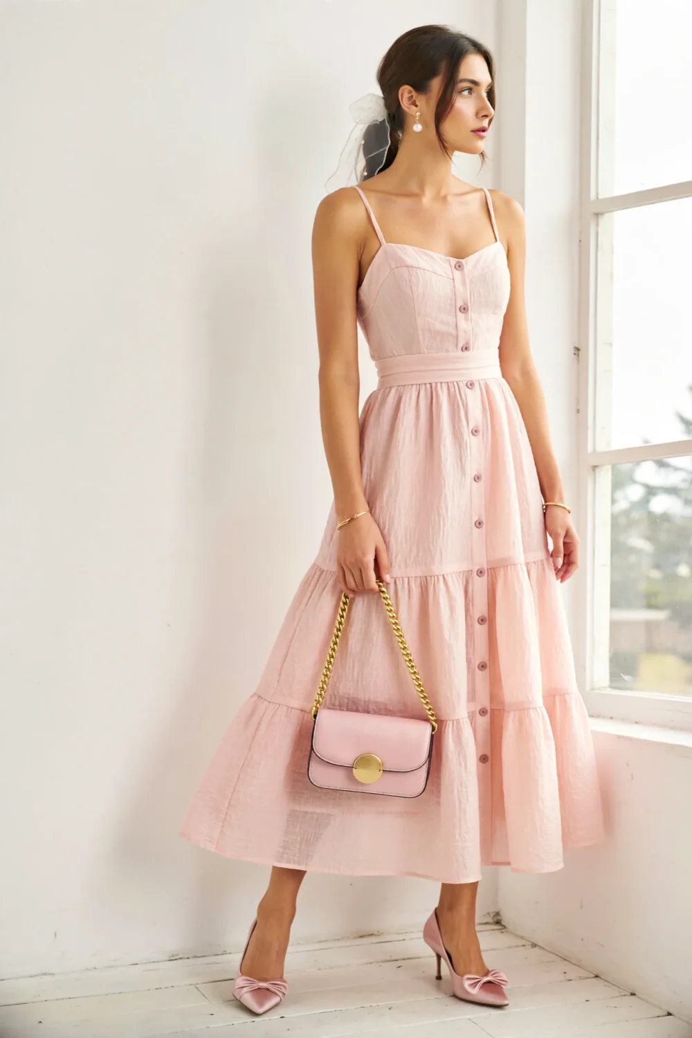 Blush cotton poplin midi daydress with tiered skirt, button front, satin pumps, and crossbody for romantic daytime elegance