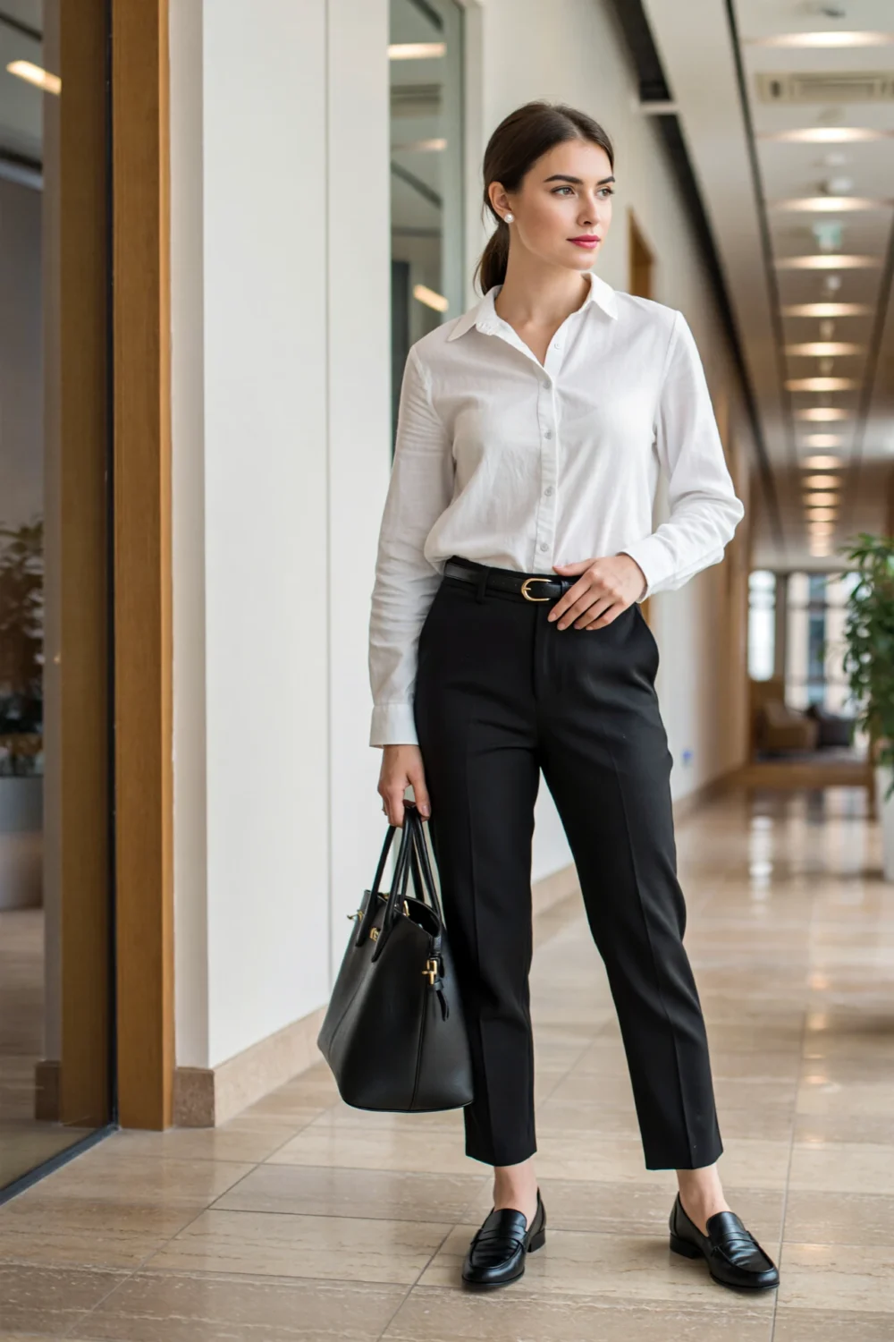 A woman in a white cotton poplin button-down tucked into tailored black trousers, slim belt, black loafers and a structured tote