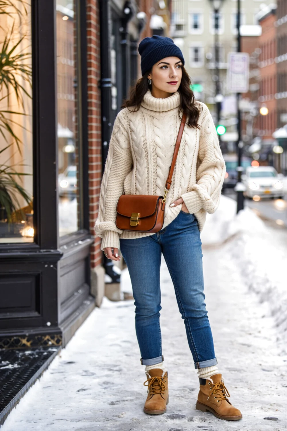 Woman in oatmeal cable-knit turtleneck, ankle slim denim, shearling suede boots with cream socks, cognac crossbody and navy beanie