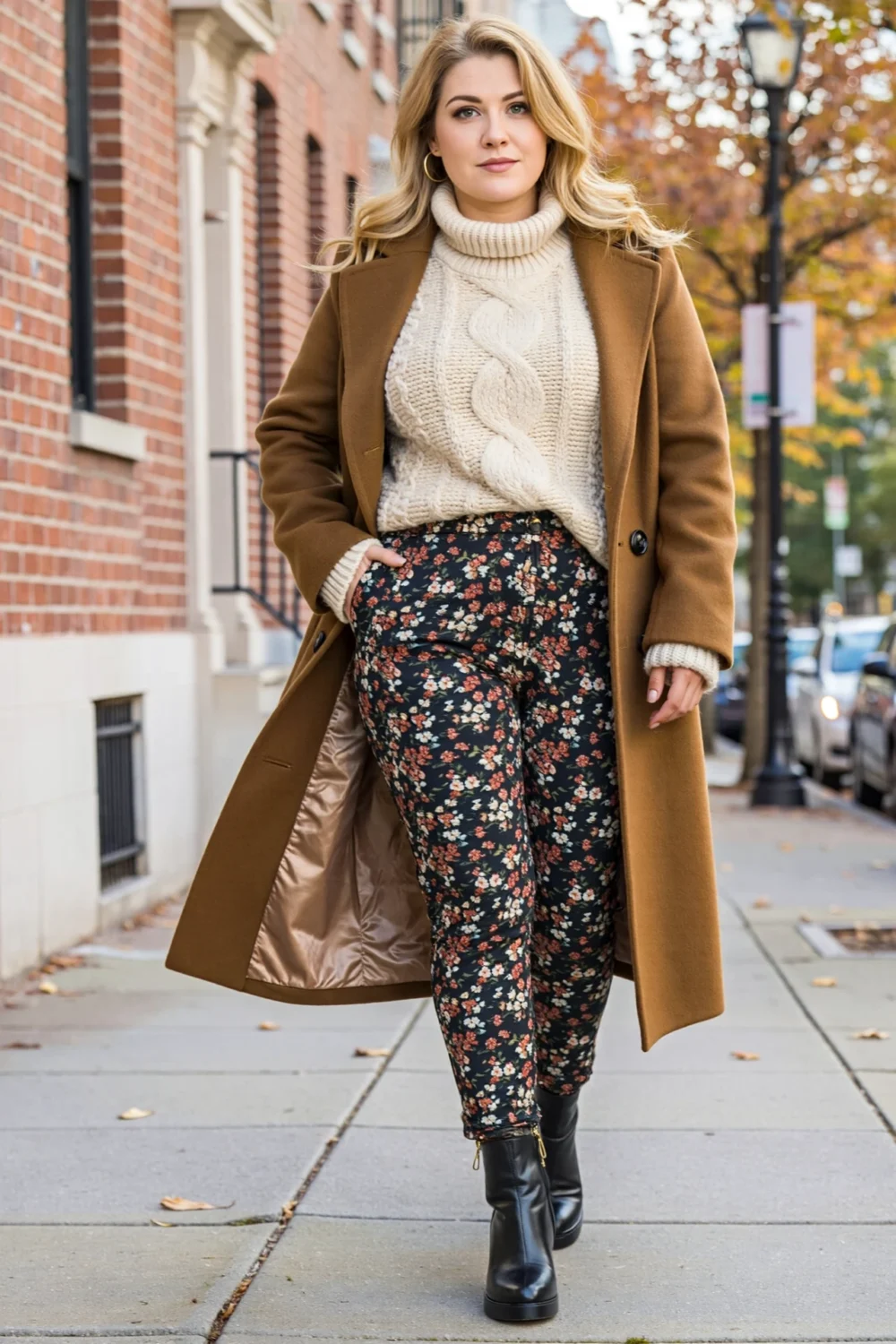 Woman in chunky knit and long coat, styling floral pants and ankle boots for a cozy layered autumn street look.