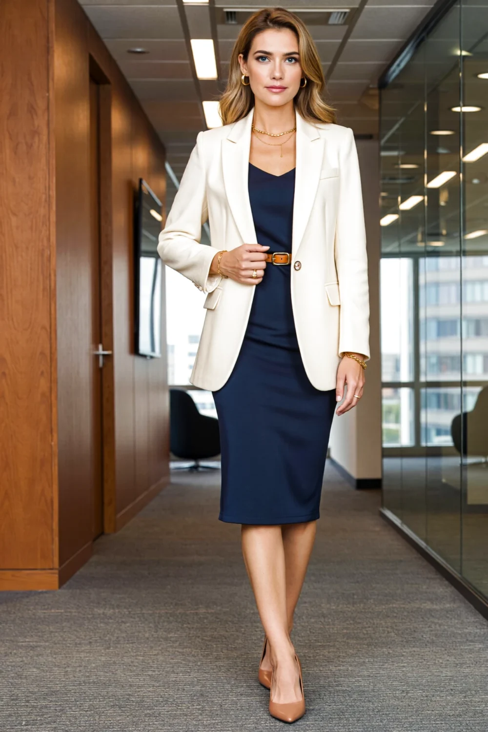 Cream blazer over navy sheath dress with tan belt and nude pumps, creating a polished, office-ready look in a modern hallway.