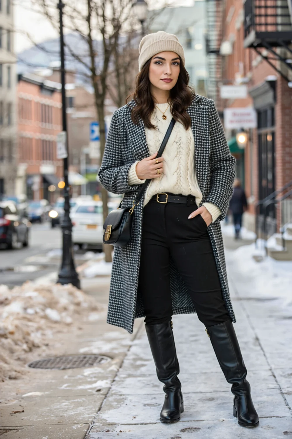 Model wearing cream cable-knit half-tucked into high-waist black trousers, check coat, knee boots and beanie on a snowy street