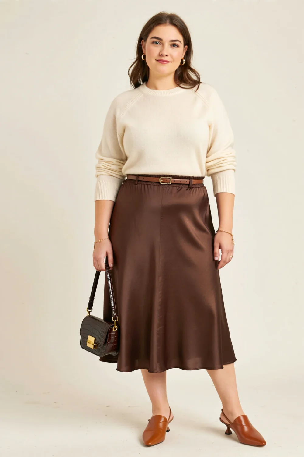 Woman in ivory knit sweater with cocoa satin skirt, caramel slingbacks, and croc-embossed bag in a warm neutral chic outfit