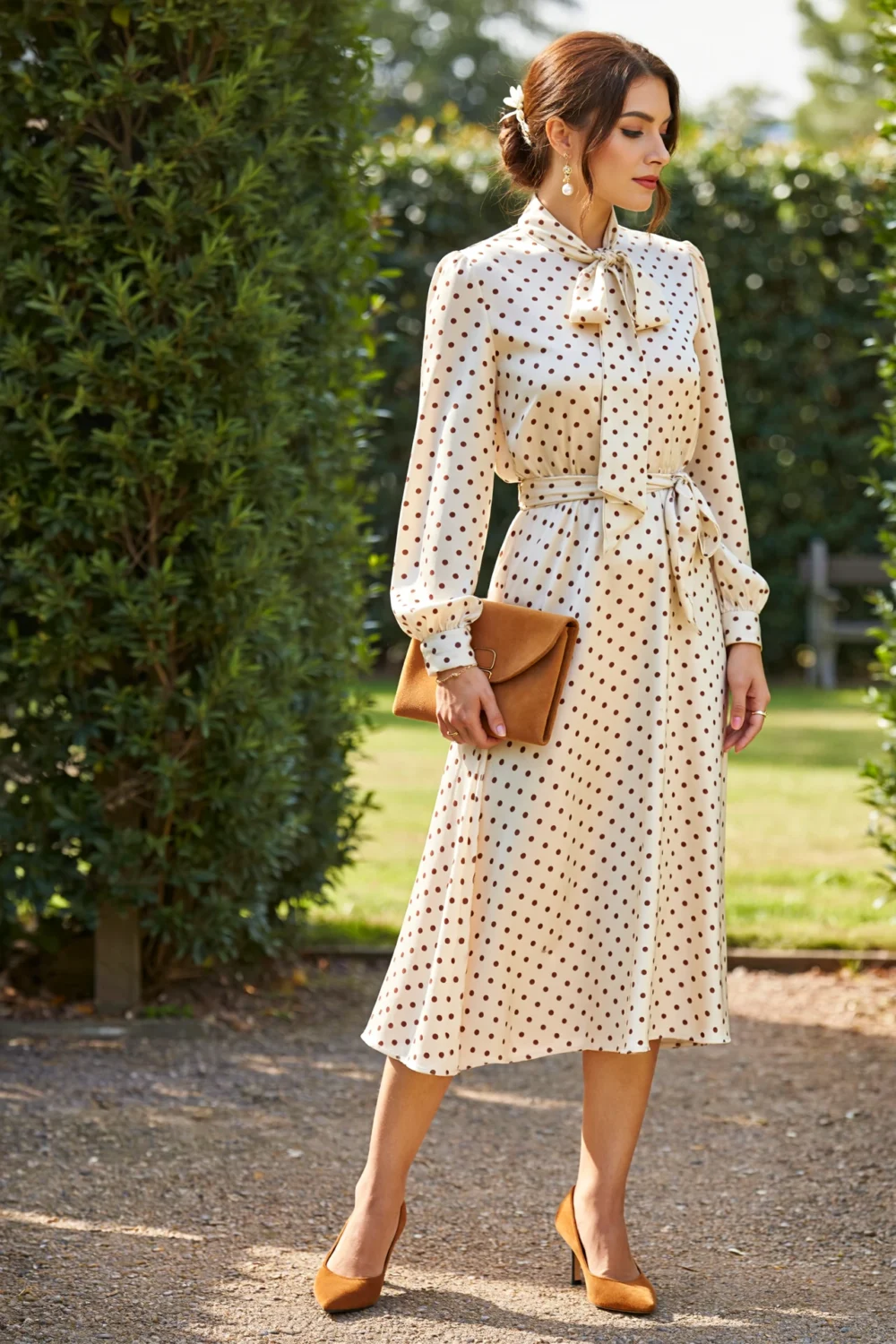 Cream polka-dot tie-neck dress with self-belt and long sleeves, styled with tan heels and clutch in a sunny garden setting.