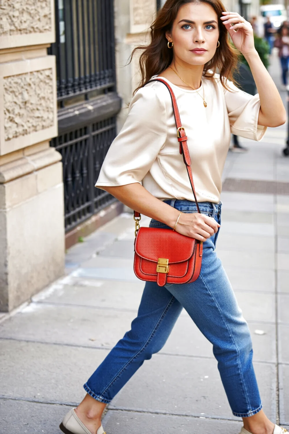 Woman in cream top and blue denim jeans walking on city sidewalk, tomato-red crossbody bag adding a bold spring pop of color now.