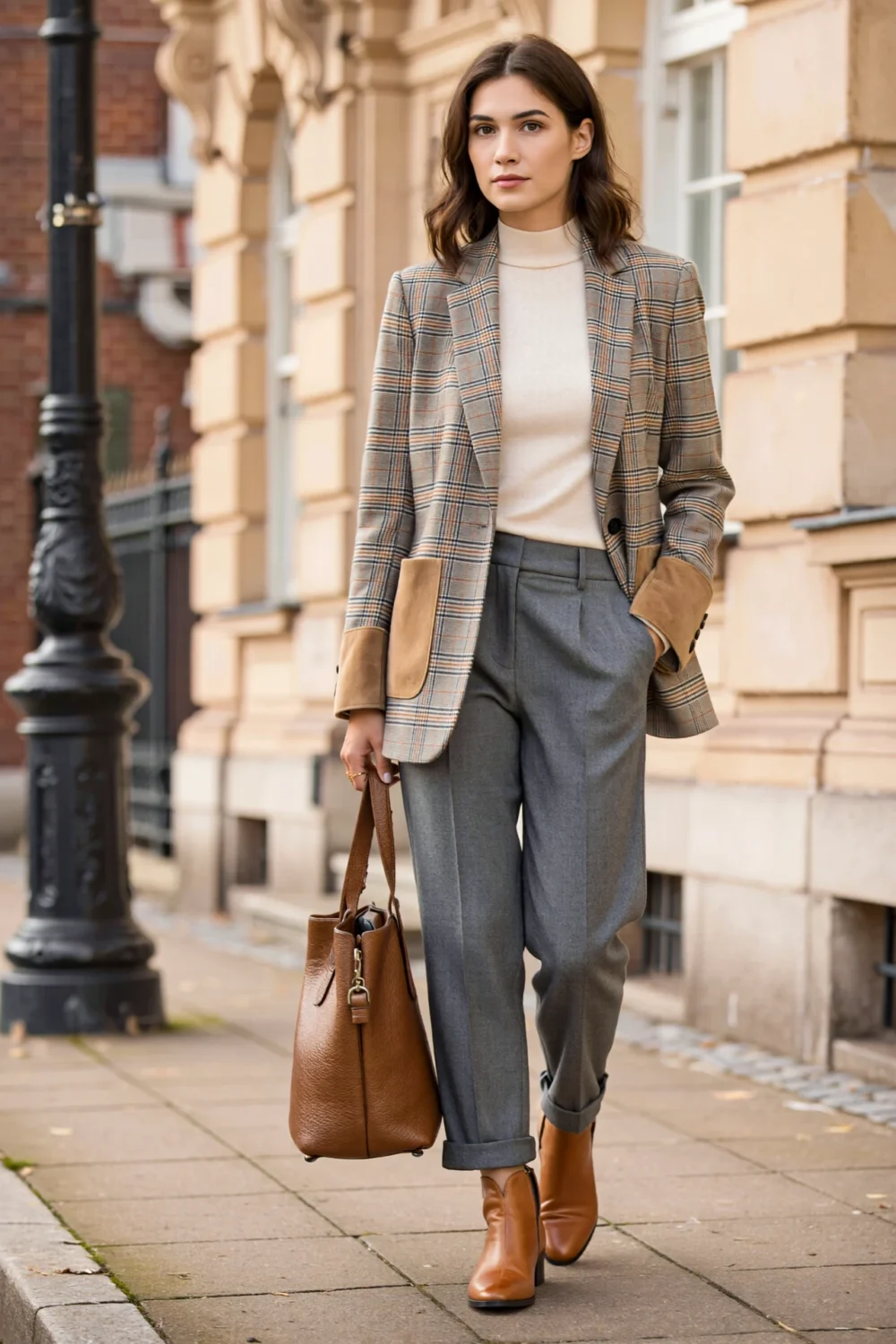 Woman in mid-grey trousers, oat turtleneck, and plaid blazer with tan boots and satchel, creating a polished neutral look