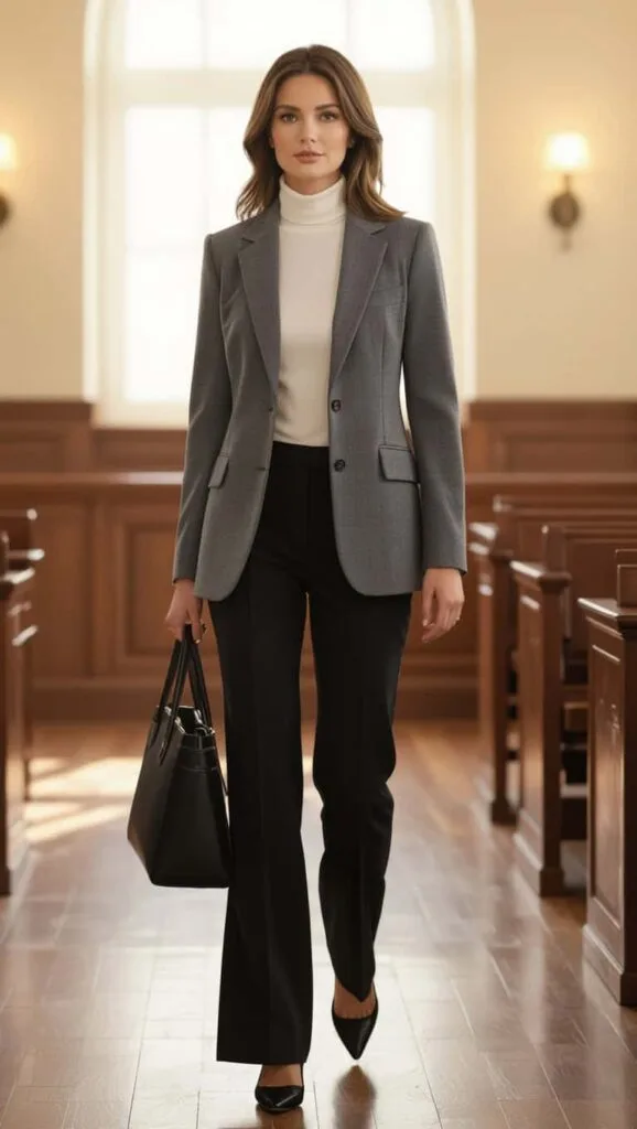 Woman in Cream Turtleneck with Tailored Gray Blazer, Black Trousers, and Closed-Toe Flats