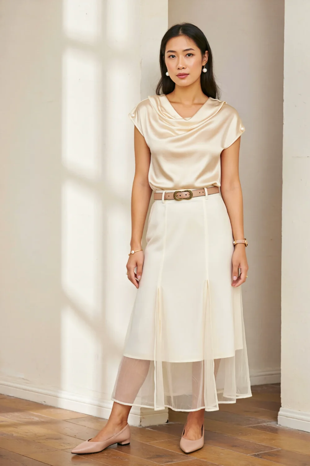 Cream silky blouse tucked into an ivory poplin maxi skirt with nude belt and pearl earrings, creating a soft, elegant neutral look