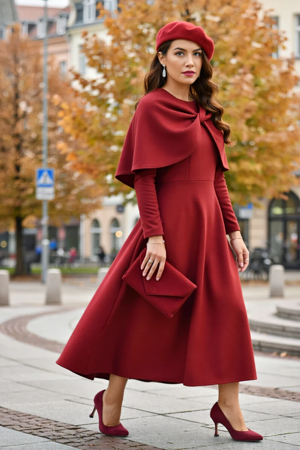 Woman in a crimson cape-sleeve midi dress with beret and heels, featuring a bow detail, in an autumn street setting.