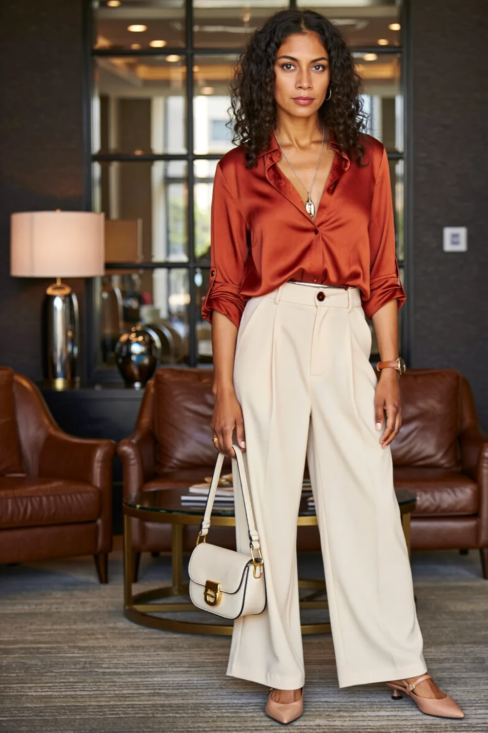 Woman in crimson satin blouse and ivory wide-leg trousers with nude slingbacks, carrying an ecru bag in a chic lounge setting