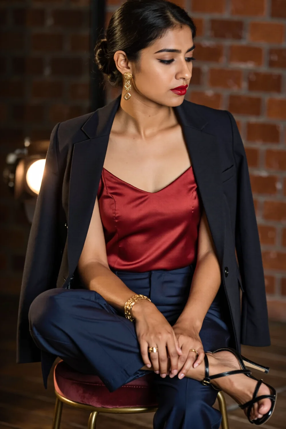 Woman in a ruby satin cami, navy trousers and slim navy blazer draped over shoulders, strappy black heels and gold jewelry, chic.
