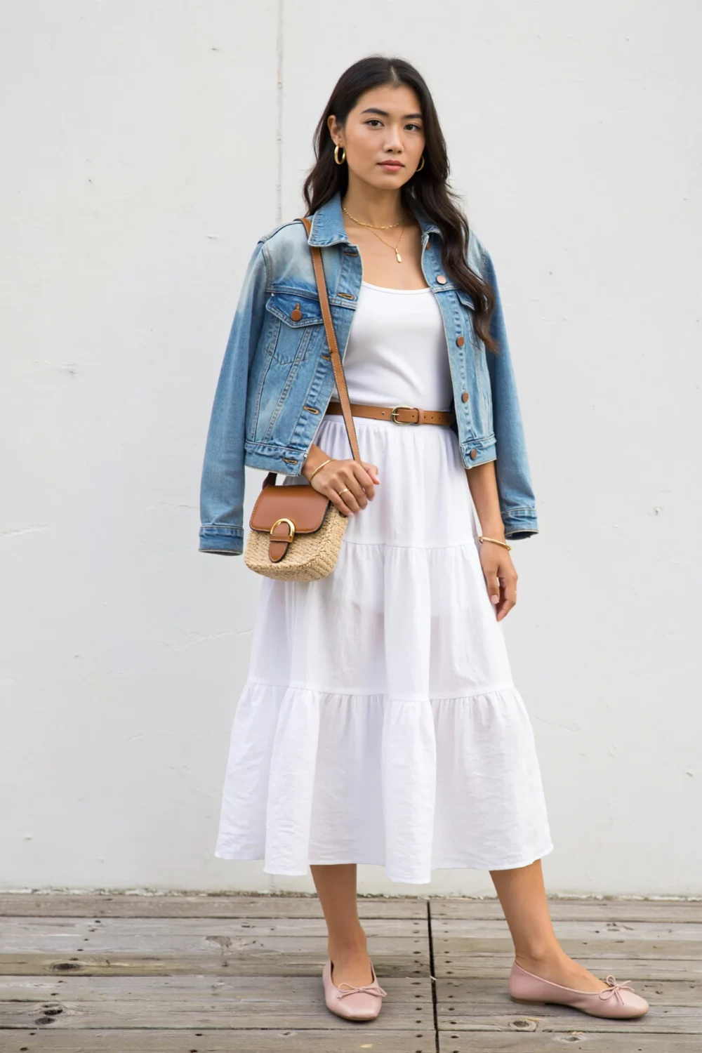 White tiered midi dress with cropped denim jacket, tan belt, and blush ballet flats for a crisp, feminine daydress look