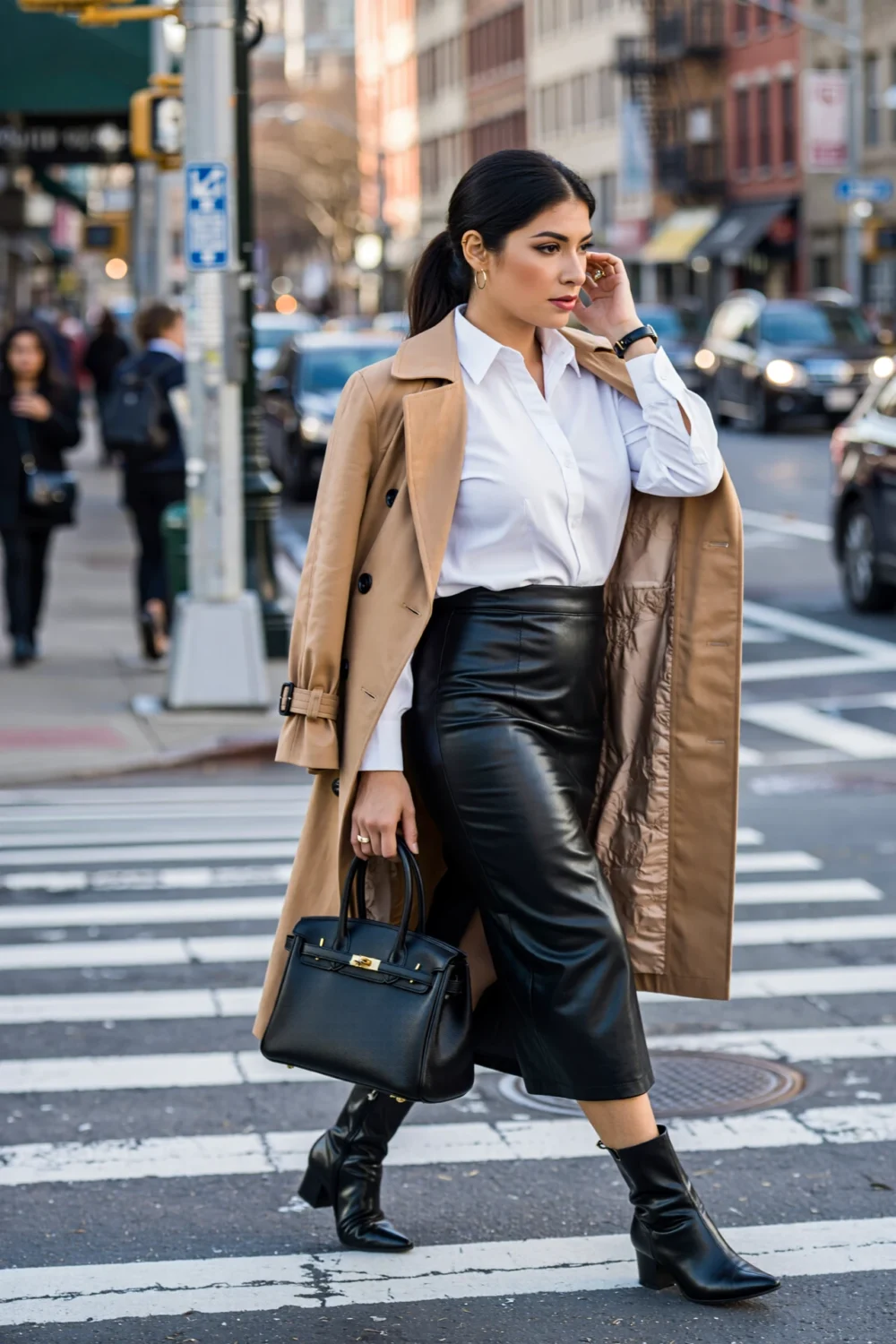 Woman in crisp white poplin tucked into black leather maxi, tan trench, pointed boots, black bag, meeting-ready for winter NYC