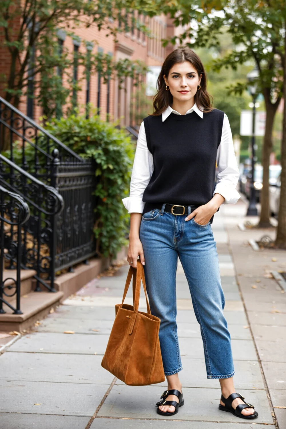 Crisp vest classic: woman in black knit vest over white poplin shirt, mid-wash jeans, slim belt, double-strap sandals, suede tote